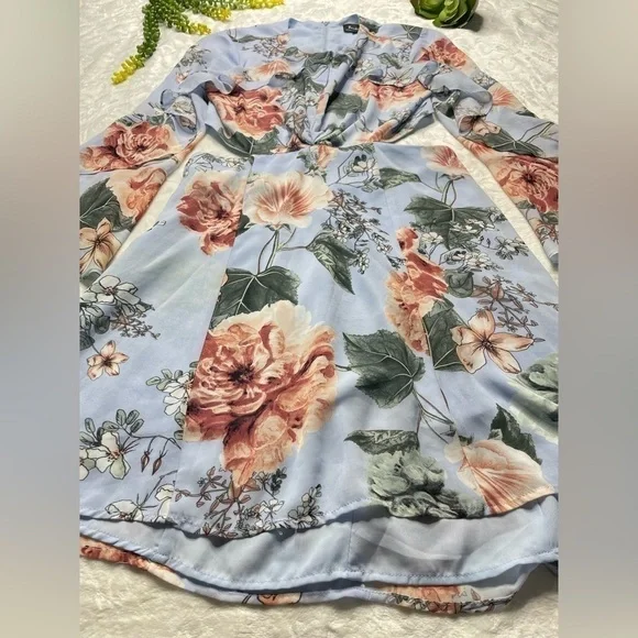 Bardot x Revolve Cutout Floral Frill Long Bell Sleeve Mini Dress in Blue Pink 6 - Picture 9 of 15